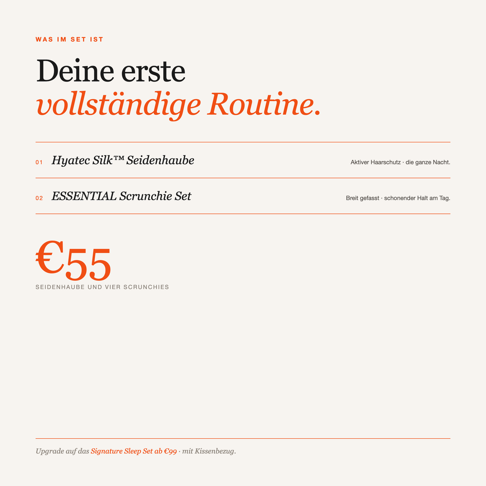 Inhalt des Night Upgrade Sets: Seidenhaube und 4 Scrunchies
